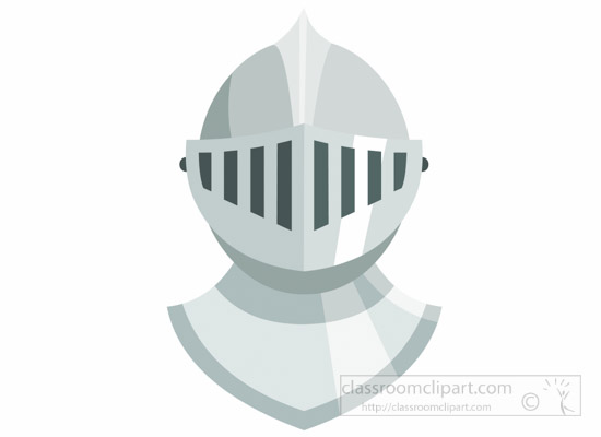 Silver medieval knight helmet with vertical visor slits and pointed top, stylized flat design.