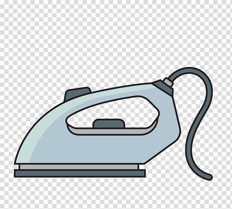 Light blue electric steam iron with black cord and handle, cartoon-style illustration on transparent background.