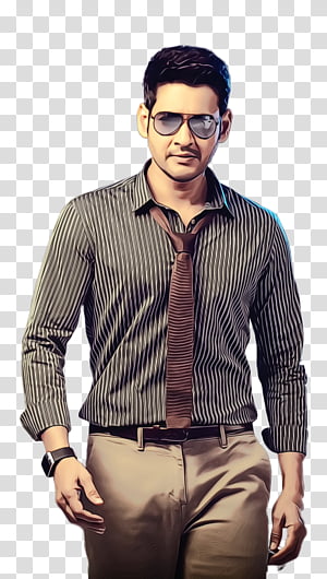 Man in striped shirt, brown tie, sunglasses, and beige trousers posing confidently against transparent background.