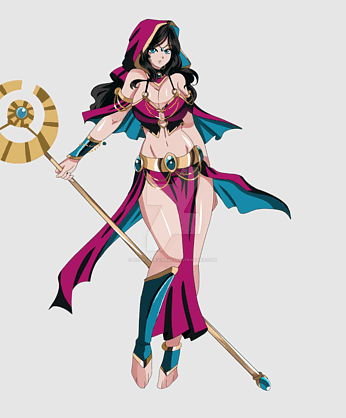 A fantasy female mage in a purple and teal hooded outfit wielding a golden staff with a circular gem-tipped head.