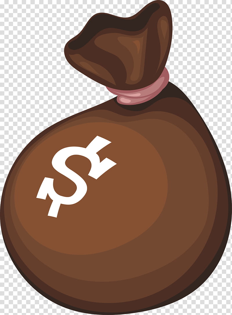 Brown money bag with white dollar sign, tied at the top with pink string.