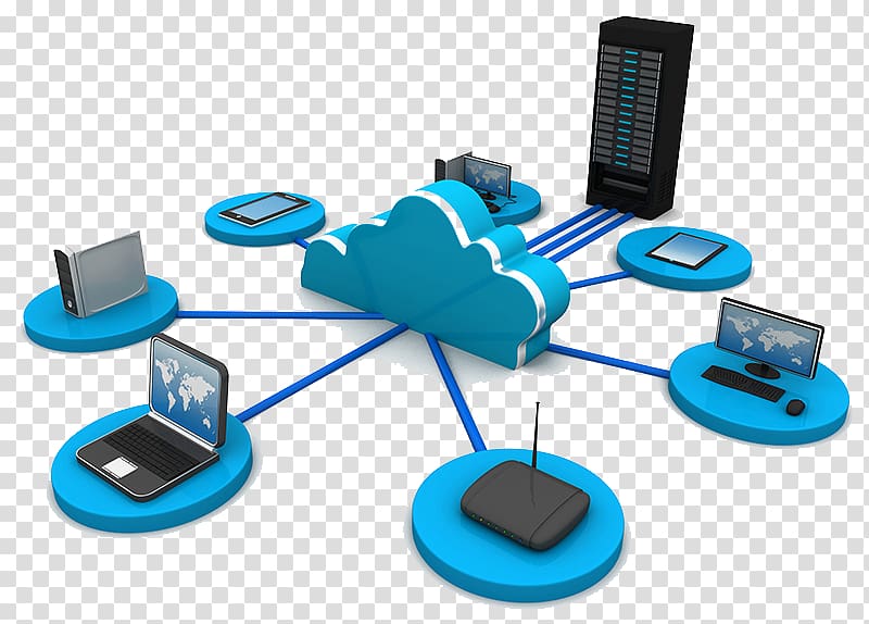 Cloud computing network diagram showing devices connected to a central cloud and server rack via blue lines.