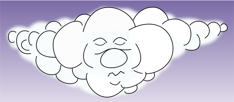 A smiling, cartoon-style cloud character with closed eyes and a peaceful expression, floating against a soft purple sky.