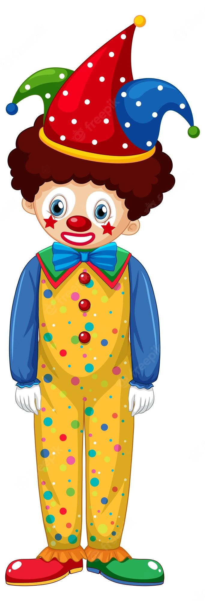 Cheerful cartoon clown with red nose, polka-dot yellow suit, colorful jester hat, and mismatched shoes.