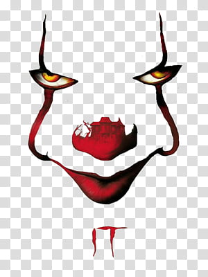Pennywise the Dancing Clown from Stephen King’s IT, with red lips, yellow eyes, and a sinister grin.