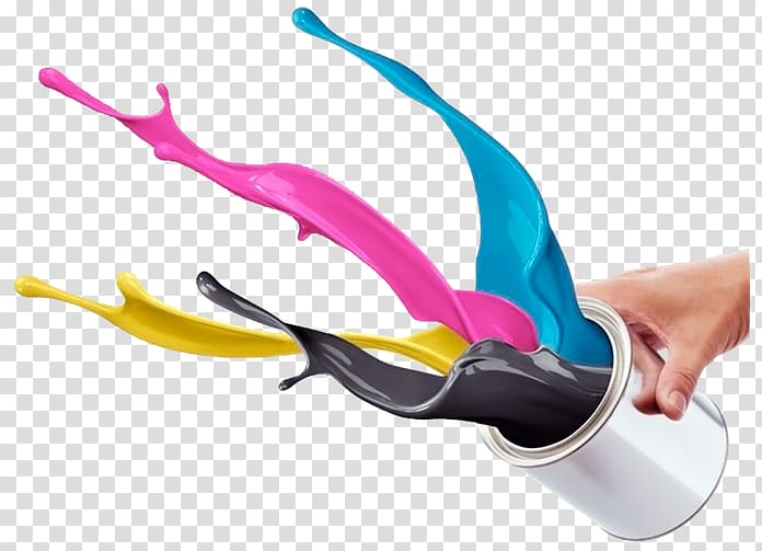 Hand holding a paint can with vibrant CMYK ink splashes-cyan, magenta, yellow, and black-in dynamic motion against transparent background.