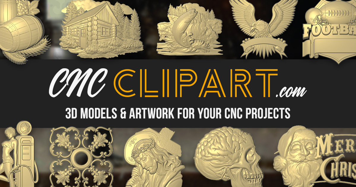 CNC clipart collection featuring 3D models like log cabin, eagle, skull, Santa, and football emblem for machining projects.