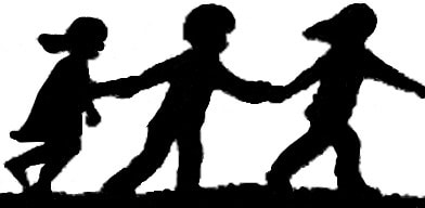 Silhouette of three children holding hands and walking together in joyful motion.