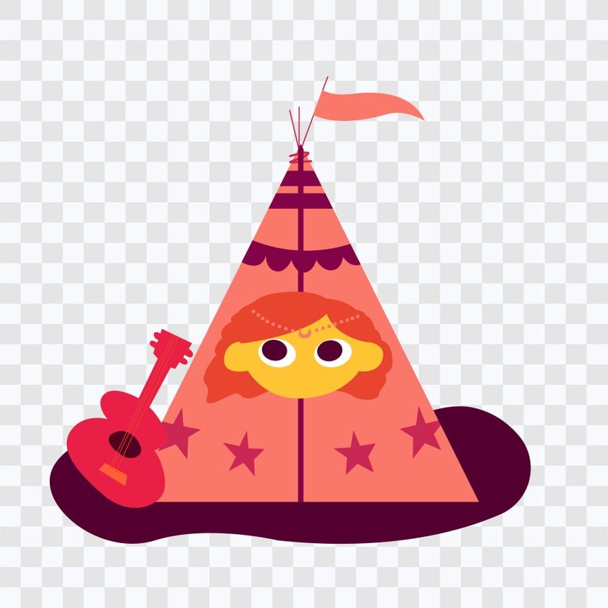 A cartoon girl with red hair peeks from a pink teepee decorated with stars, holding a red guitar and a flag on top.