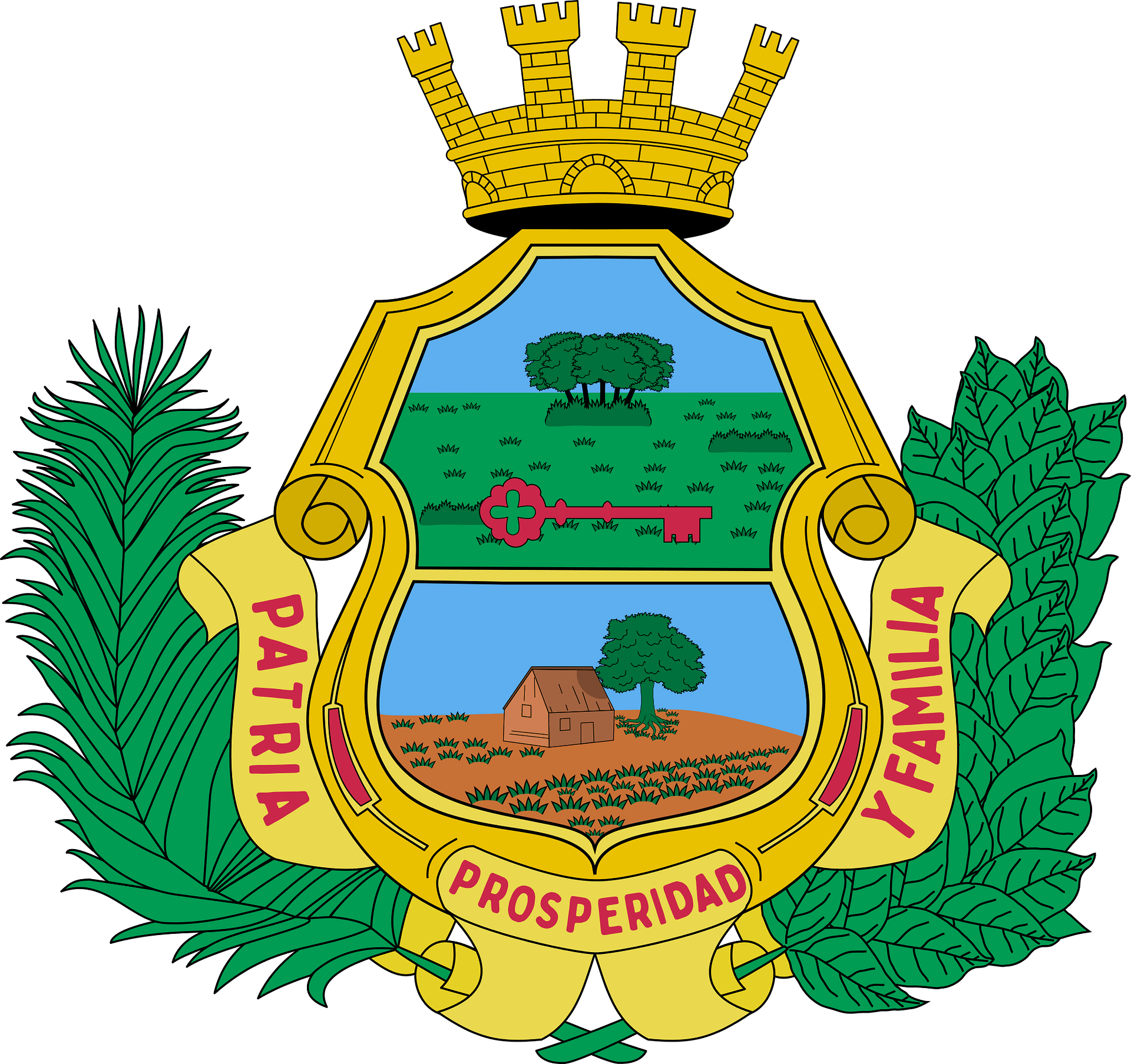 Coat of arms featuring a shield with rural scenes, a red key, palm and laurel branches, and the motto "Patria y Familia, Prosperidad".