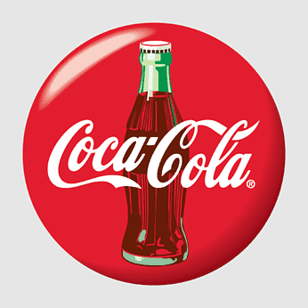 Classic Coca-Cola glass bottle with iconic white script logo on red circular background.