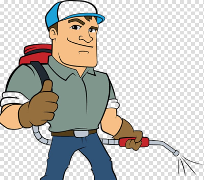 Confident pest control technician with backpack sprayer giving thumbs-up while spraying.