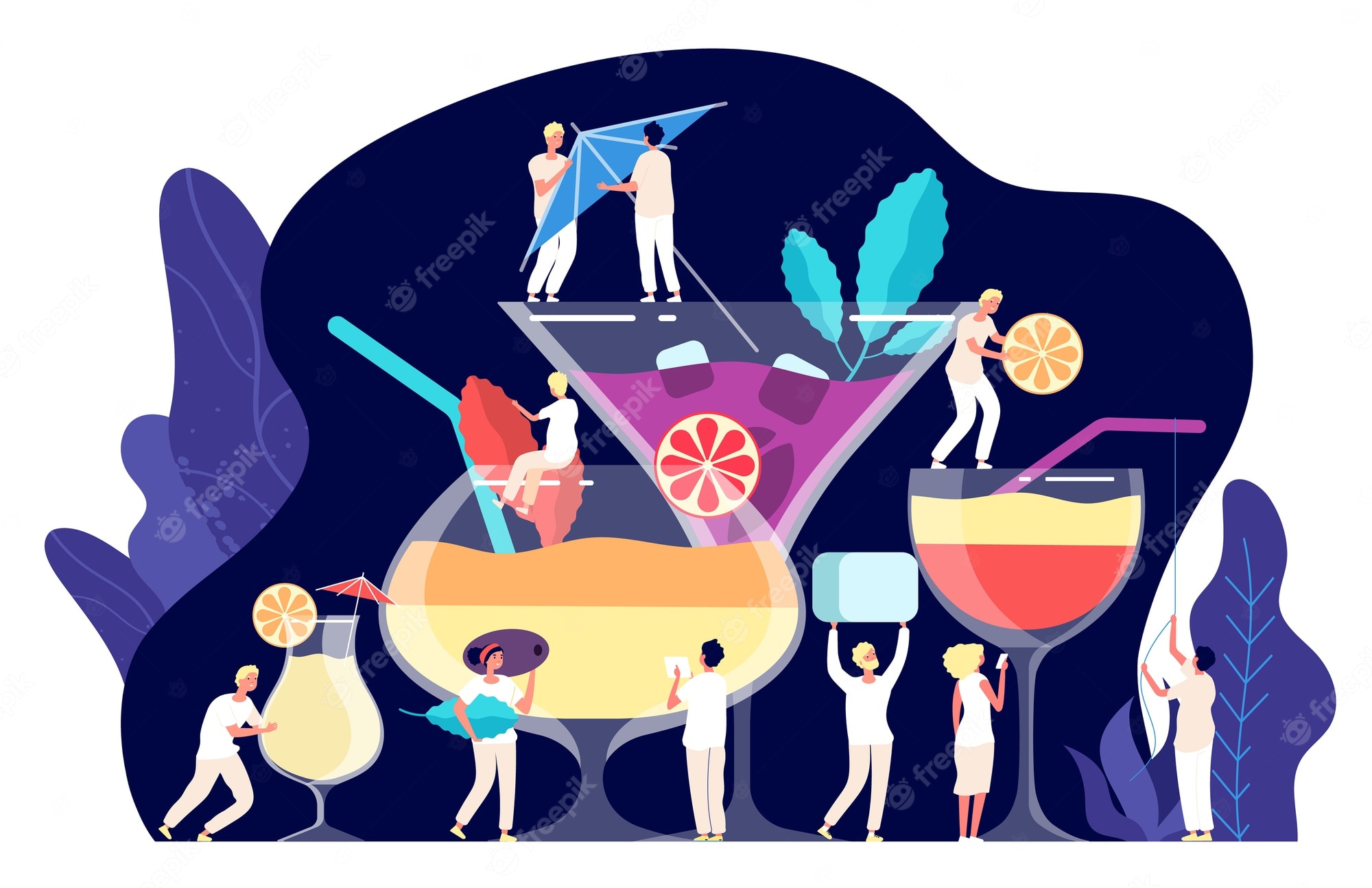 Miniature people crafting and serving colorful cocktails in oversized glassware with garnishes and umbrellas.