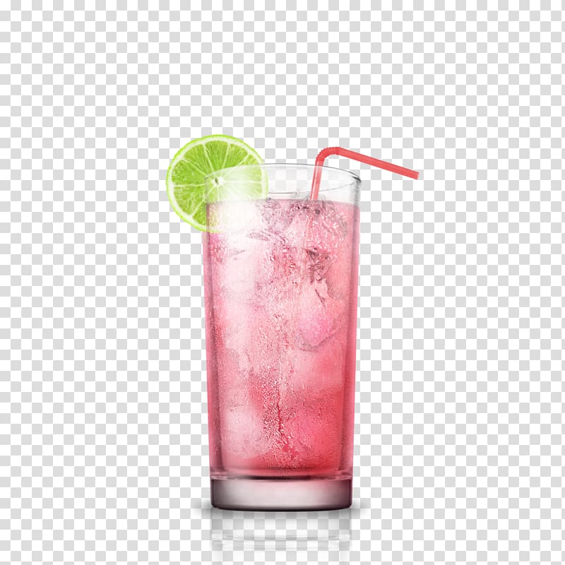 Pink fizzy drink with ice, lime slice garnish, and red straw in a tall glass on transparent background.