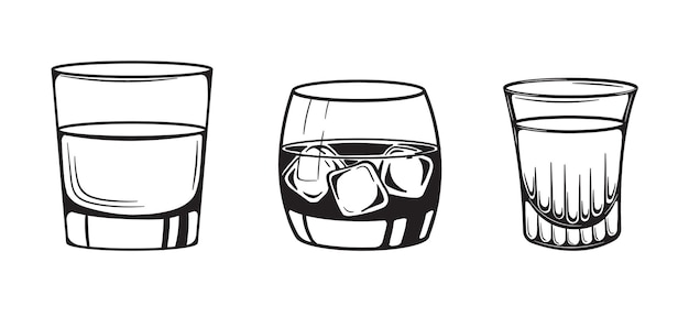 Three illustrated drinking glasses: a rocks glass with clear liquid, a tumbler with dark spirit and ice, and a fluted shot glass.