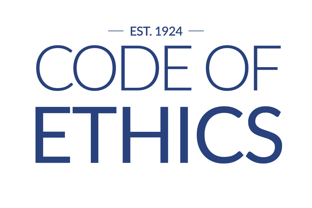 "Code of Ethics" logo with "EST. 1924" above, in navy blue serif font on white background.