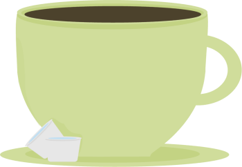Light green coffee cup filled with dark liquid, resting on a matching saucer with two white sugar packets beside it.
