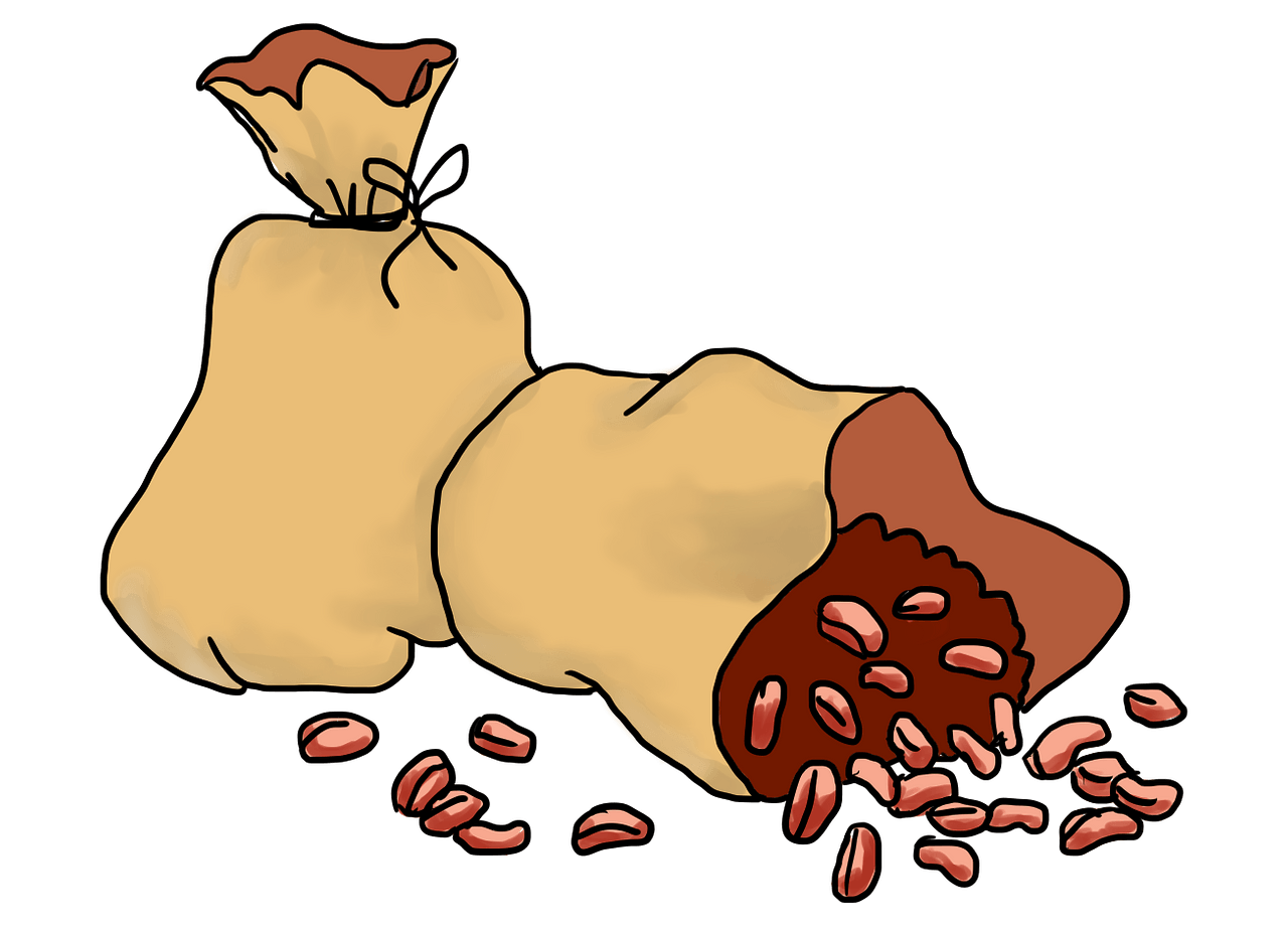 Two burlap sacks of peanuts, one tipped over spilling nuts onto a dark surface.