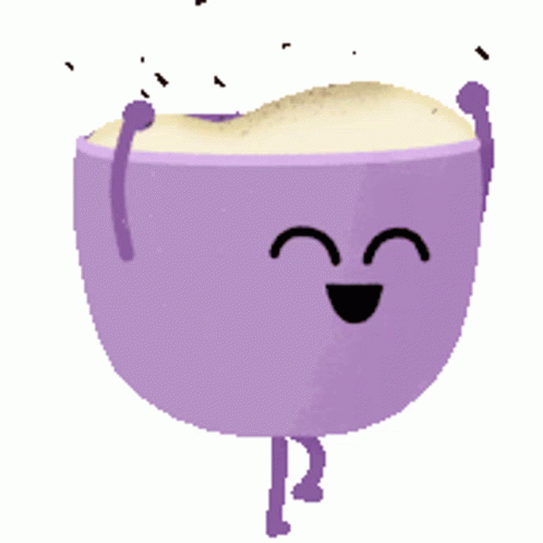 Cheerful purple cartoon bowl with smiling face, arms, legs, and overflowing foam or batter.