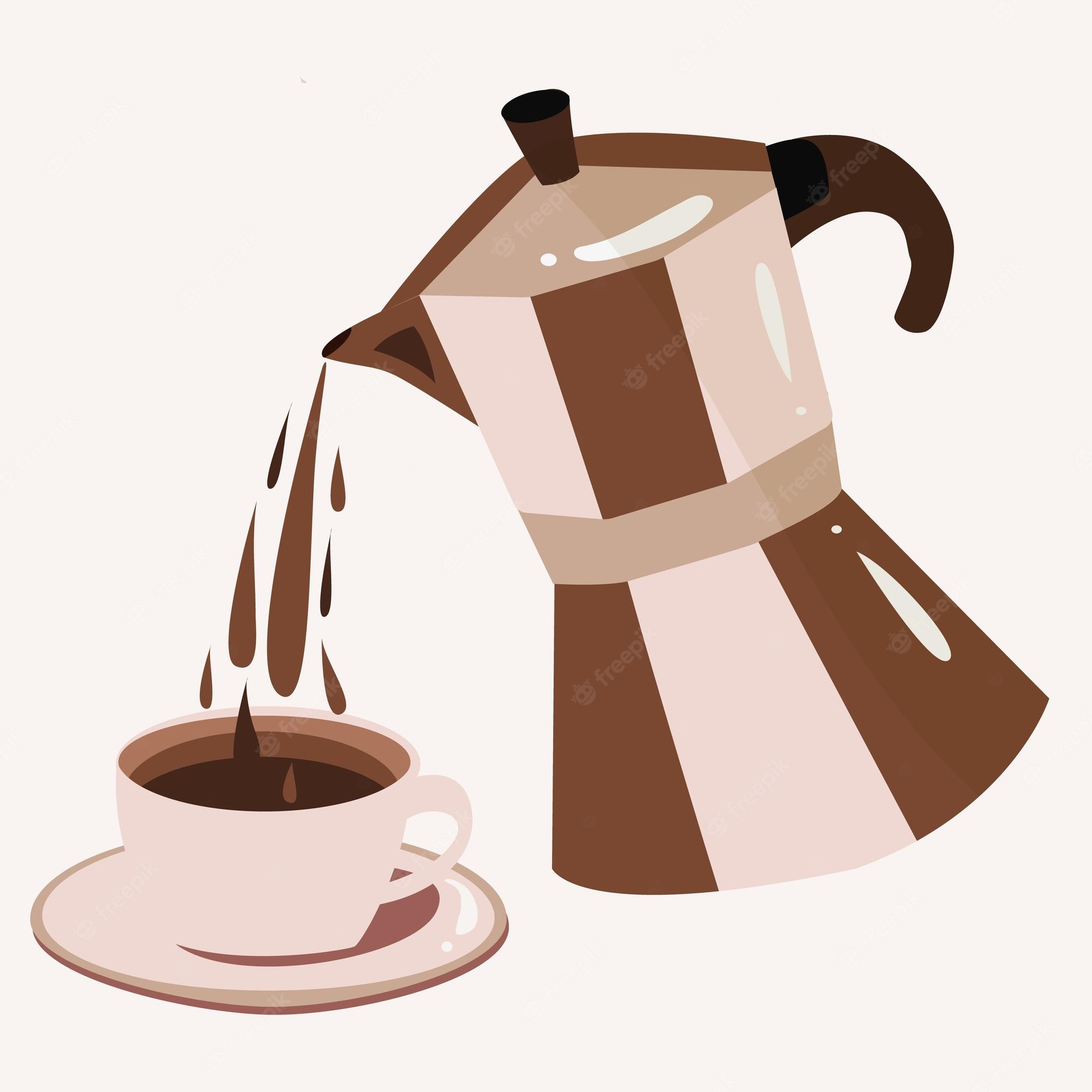 Moka pot pouring fresh coffee into a ceramic cup and saucer in flat illustration style.