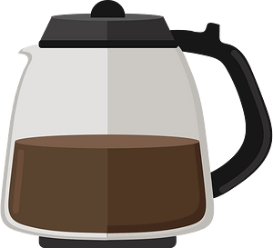 Glass coffee carafe with black lid and handle, half-filled with dark brewed coffee.