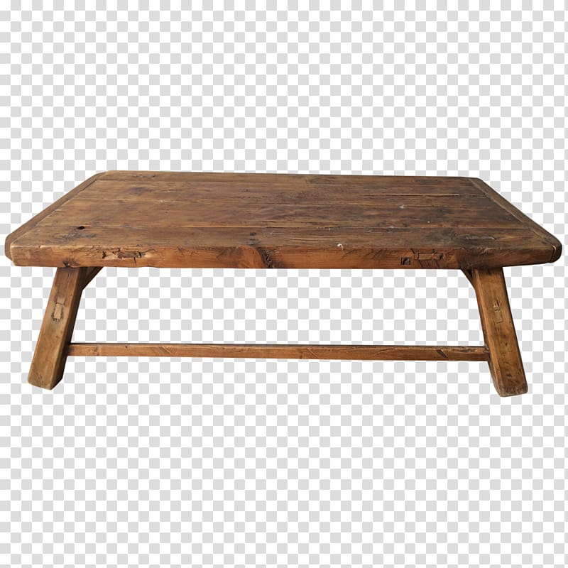 Rustic wooden coffee table with thick plank top and A-frame legs, showing natural grain and wear.