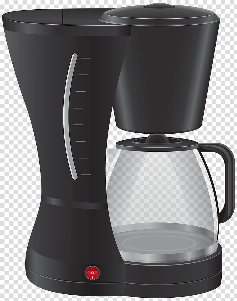 Black drip coffee maker with glass carafe, water reservoir, and red power button on transparent background.