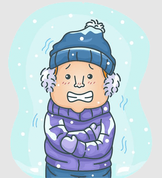 Shivering cartoon child in winter hat, scarf, and gloves surrounded by snowflakes and cold air waves.