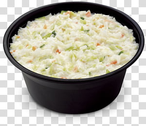 A black plastic bowl filled with creamy coleslaw featuring shredded cabbage, carrots, and green onions.