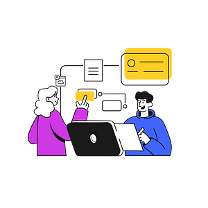 Two professionals collaborate using a laptop and digital workflow diagram with document and data icons.