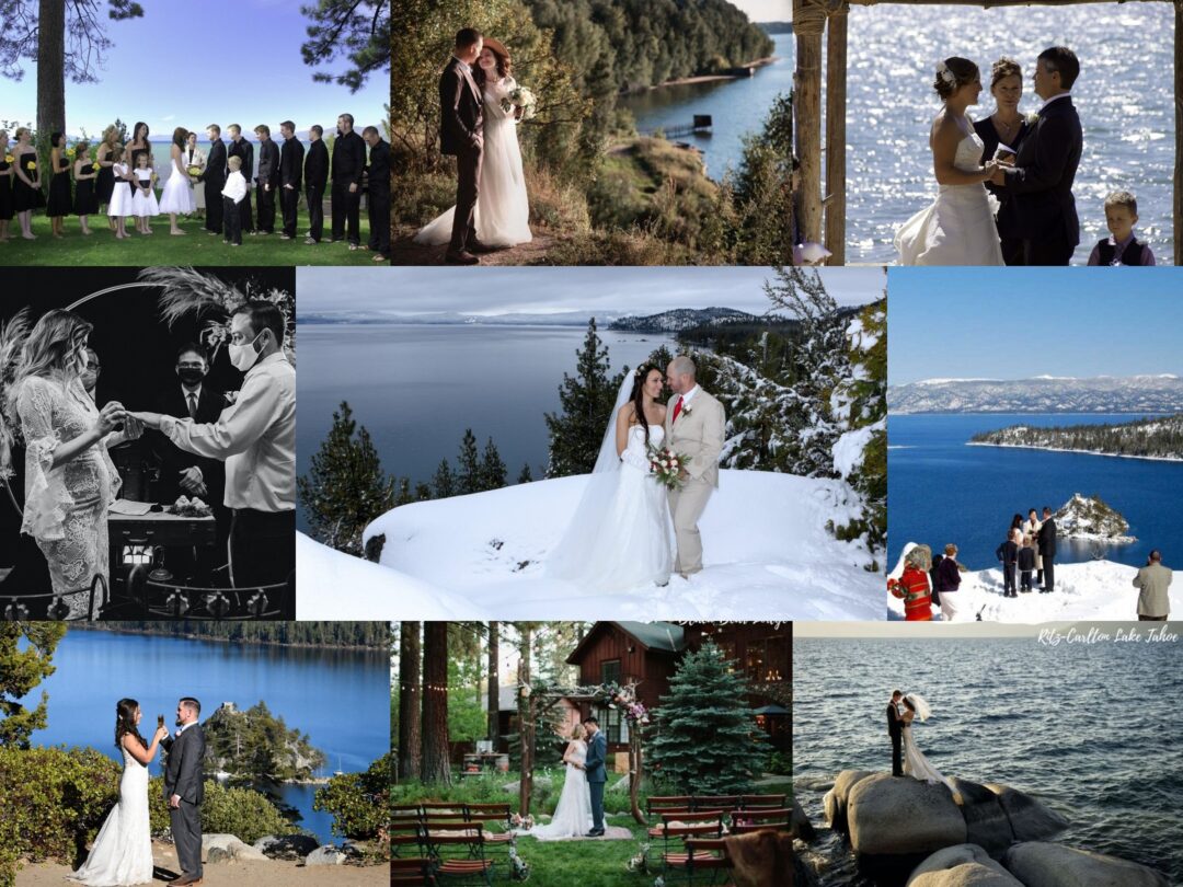 Collage of diverse Lake Tahoe wedding scenes: lakeside, snowy, forest, and rustic venues with couples and guests.