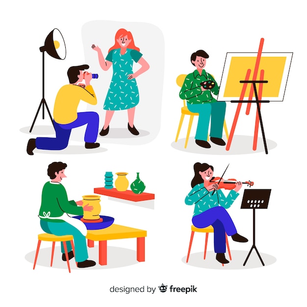 Four illustrated scenes of creative activities: photography, painting, pottery, and violin practice.