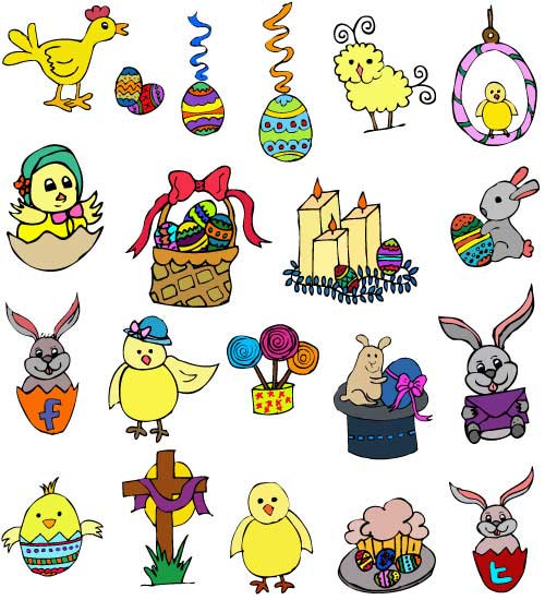 Colorful Easter-themed clipart collection featuring chicks, bunnies, eggs, baskets, candles, and crosses.