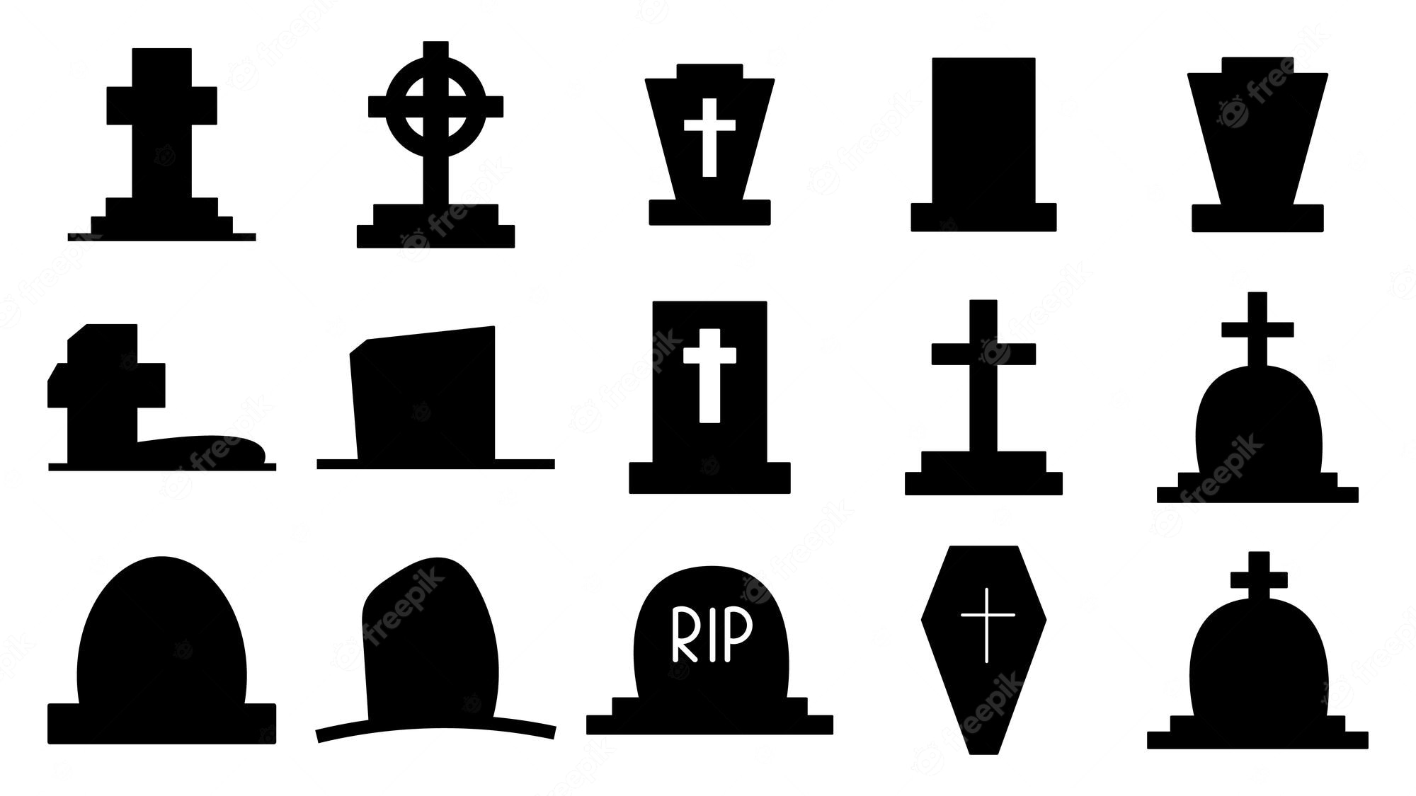 Collection of 15 black silhouette tombstone and grave marker icons in various styles including crosses, RIP, and coffins.