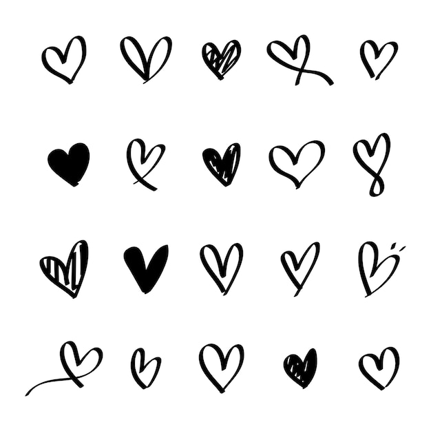 Collection of 20 hand-drawn black heart doodles in various styles on white background.