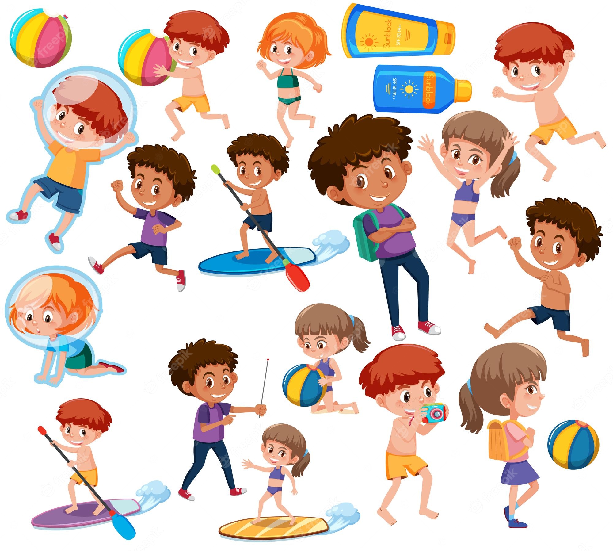 Diverse cartoon children enjoying beach activities like surfing, playing with balls, applying sunscreen, and taking photos.