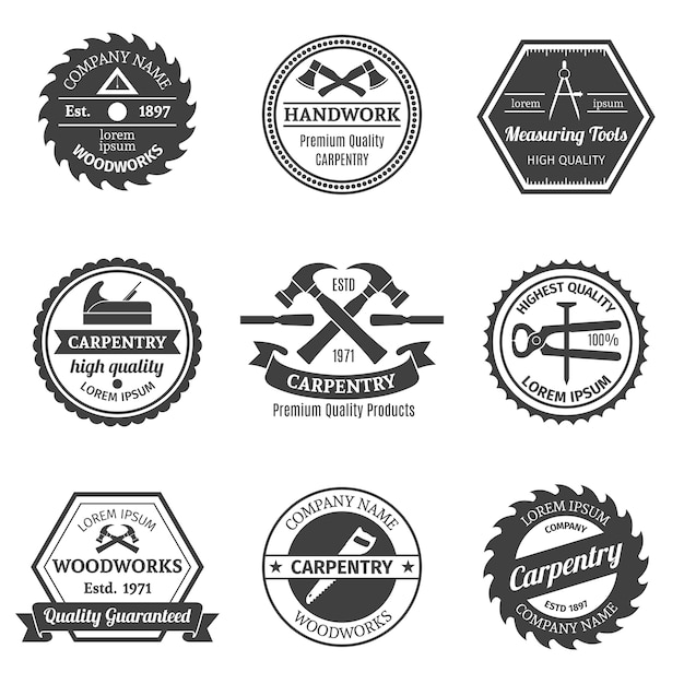 Collection of vintage-style carpentry and woodworking logo badges in monochrome design.