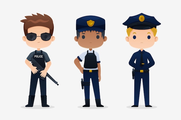 Three cartoon police officers in different uniforms: tactical, standard patrol, and formal dress.