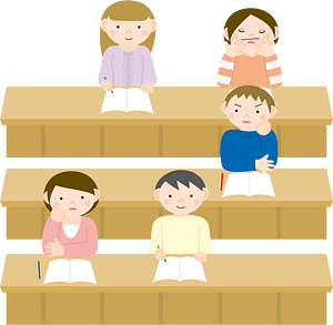 Five diverse students seated at tiered desks in a classroom, engaged in learning activities with books and notebooks.