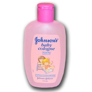 Pink Johnson’s Baby Cologne bottle with pink cap and label showing two babies.