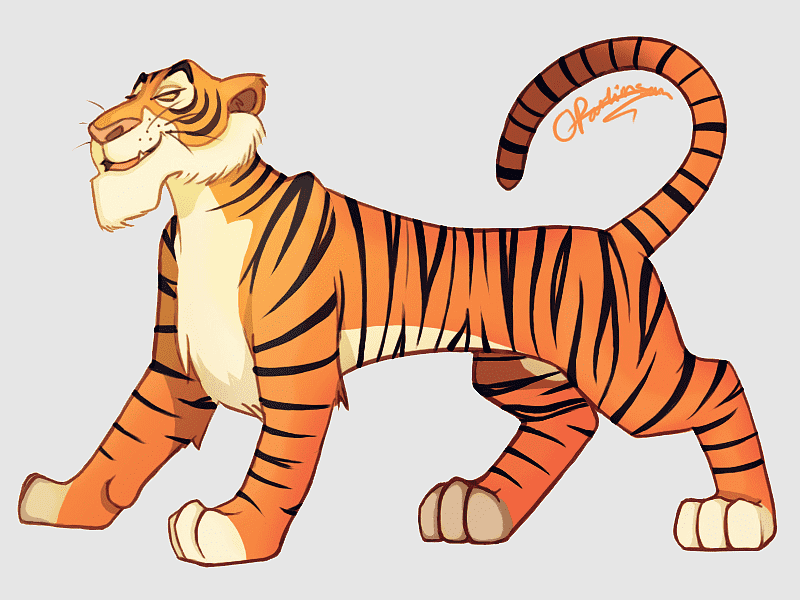 Animated orange tiger with black stripes, walking confidently with a friendly expression and curled tail.