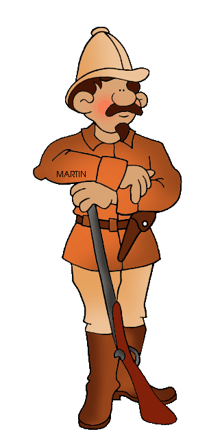 Cartoon explorer named Martin in pith helmet, orange uniform, holding rifle with arms crossed.
