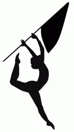 Silhouette of a rhythmic gymnast performing a high leg lift while holding a flag aloft.