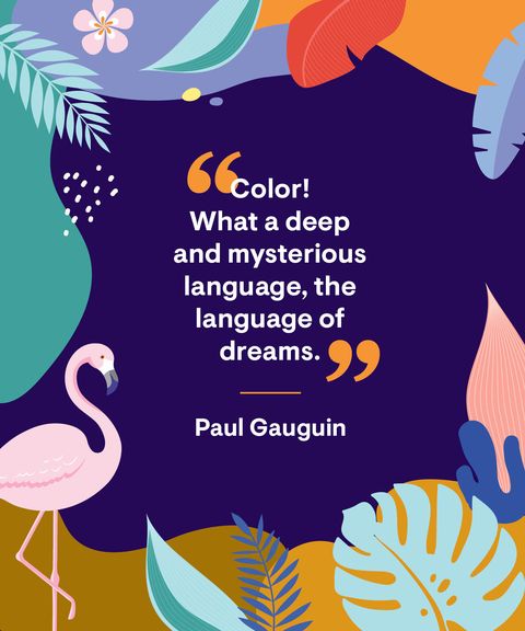 Vibrant tropical illustration with flamingo, leaves, and quote by Paul Gauguin on color as the language of dreams.