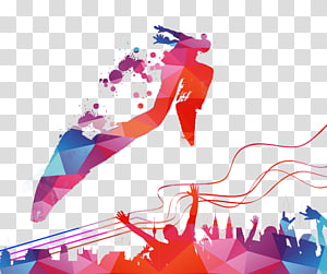 Abstract geometric illustration of a dancer mid-leap above a cheering crowd, rendered in vibrant reds, purples, and blues with dynamic splashes and lines.