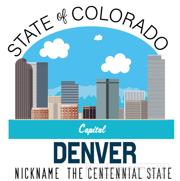 Colorado state graphic with Denver skyline, mountains, clouds, and text "State of Colorado", "Capital Denver", "The Centennial State"