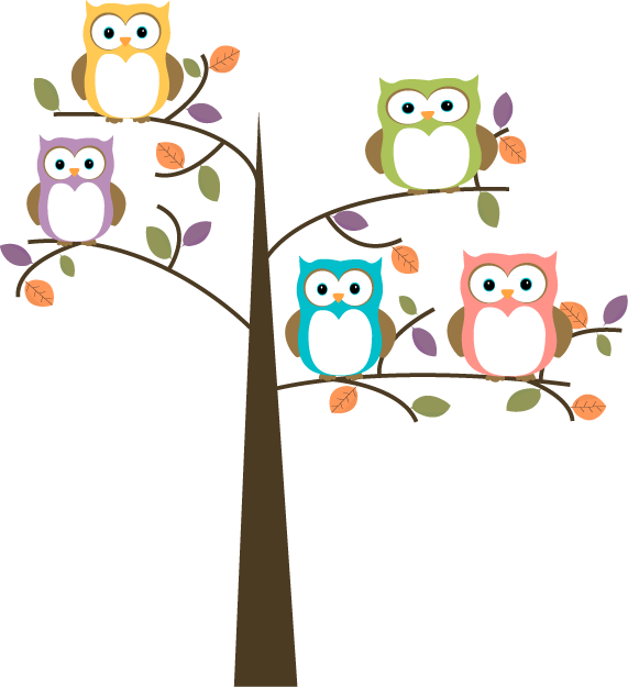 Six colorful cartoon owls perched on autumnal tree branches with leaves in purple, green, and orange.