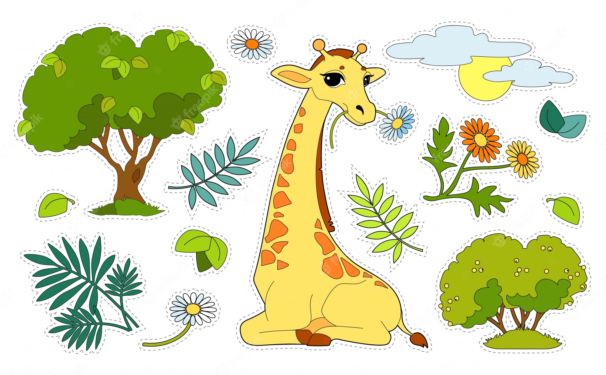 Cute cartoon giraffe sitting among trees, flowers, leaves, and clouds in a colorful nature-themed sticker set.