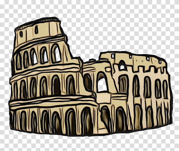 Hand-drawn illustration of the ancient Roman Colosseum with arched tiers and weathered stone texture.