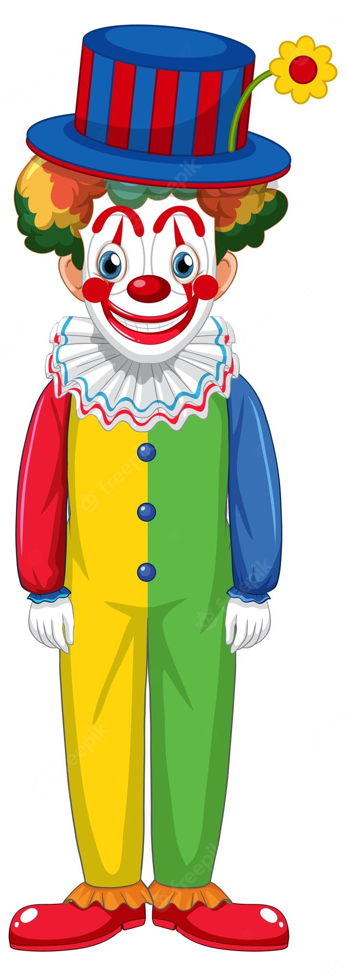 Cheerful cartoon clown in colorful striped suit, blue-and-red top hat with yellow flower, white ruffled collar, and red shoes.